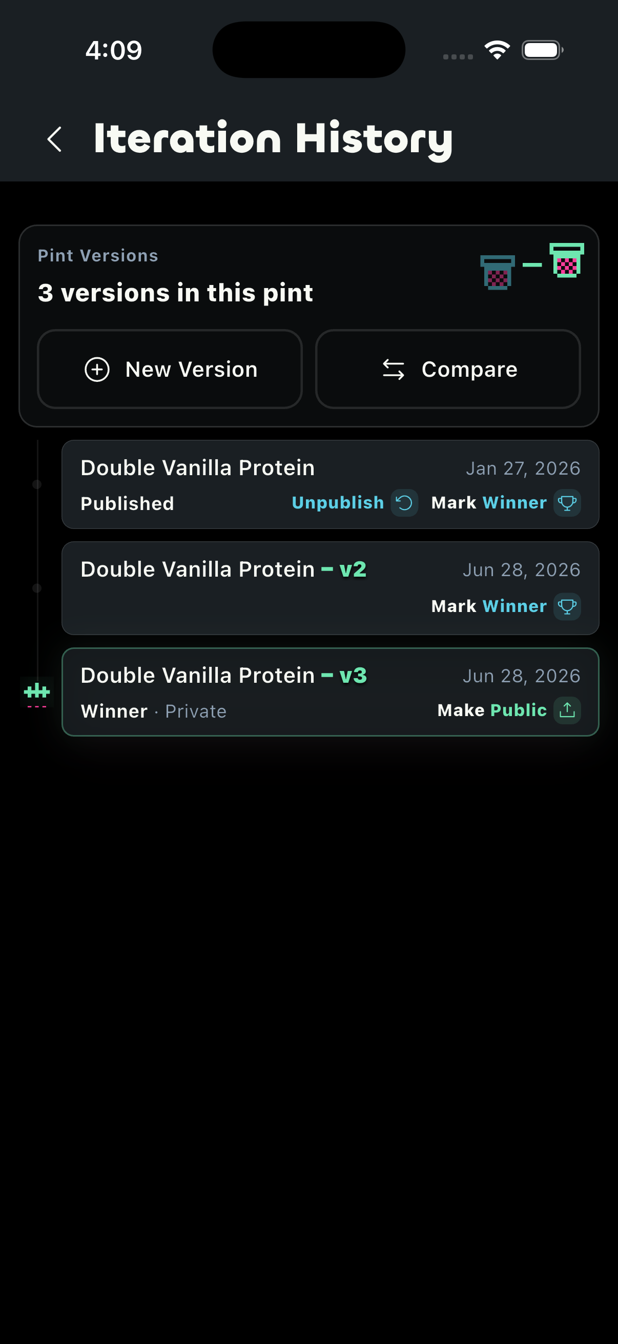 SpinFreeze Iteration History screen showing three versions in one pint