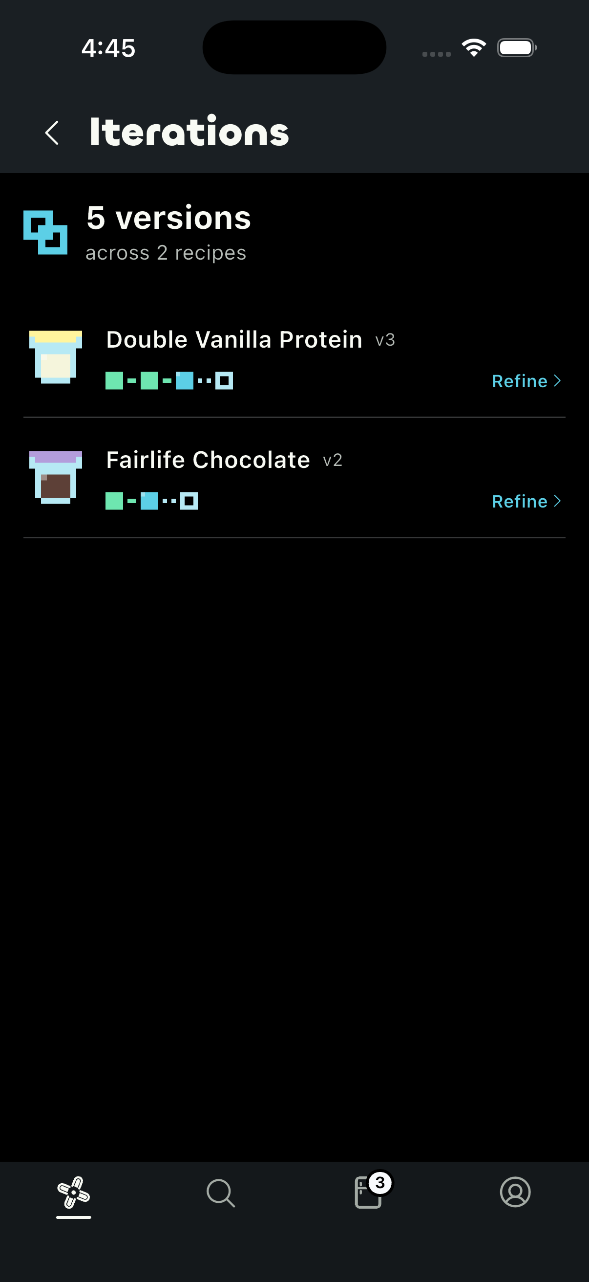 SpinFreeze Iterations screen showing five versions across two recipes