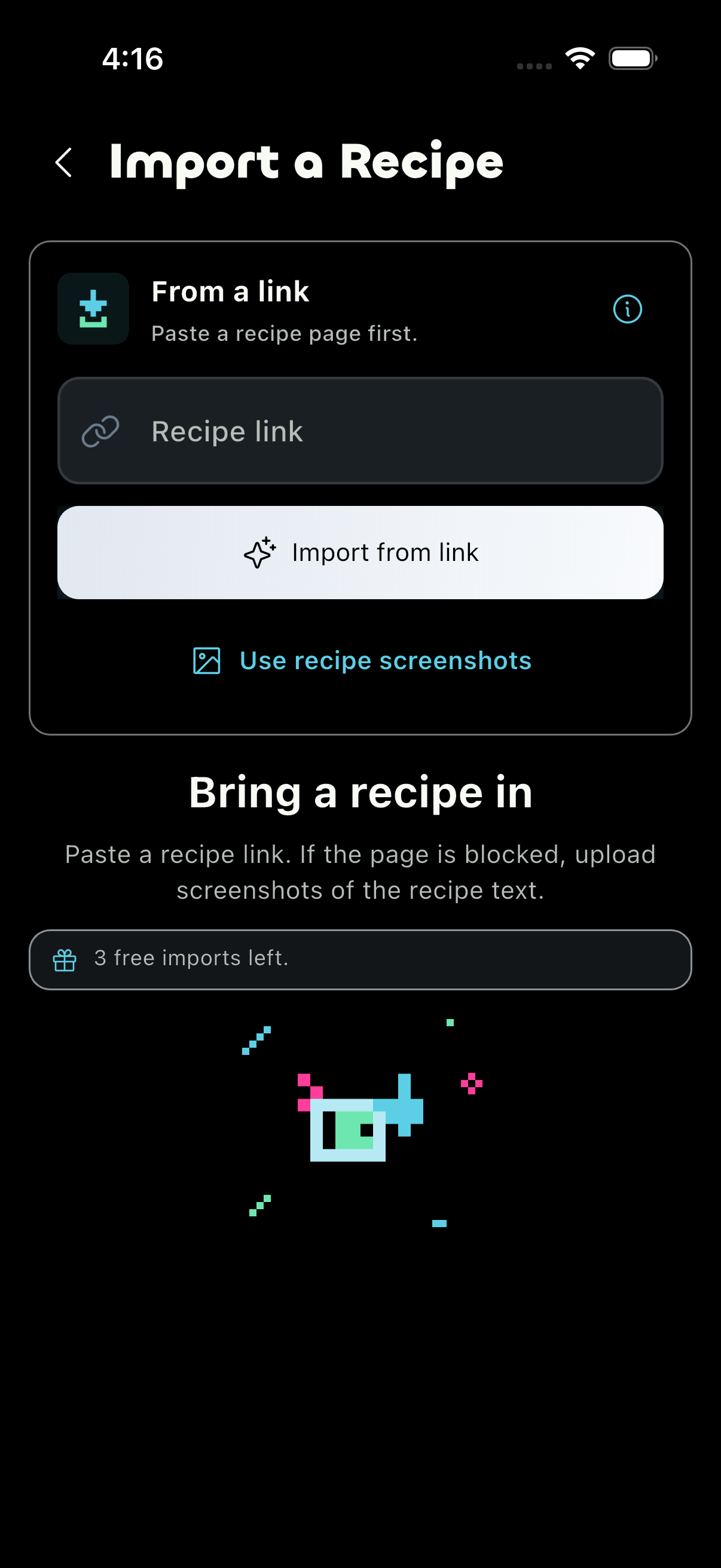 SpinFreeze Import a Recipe screen with a recipe link field and Import from link button