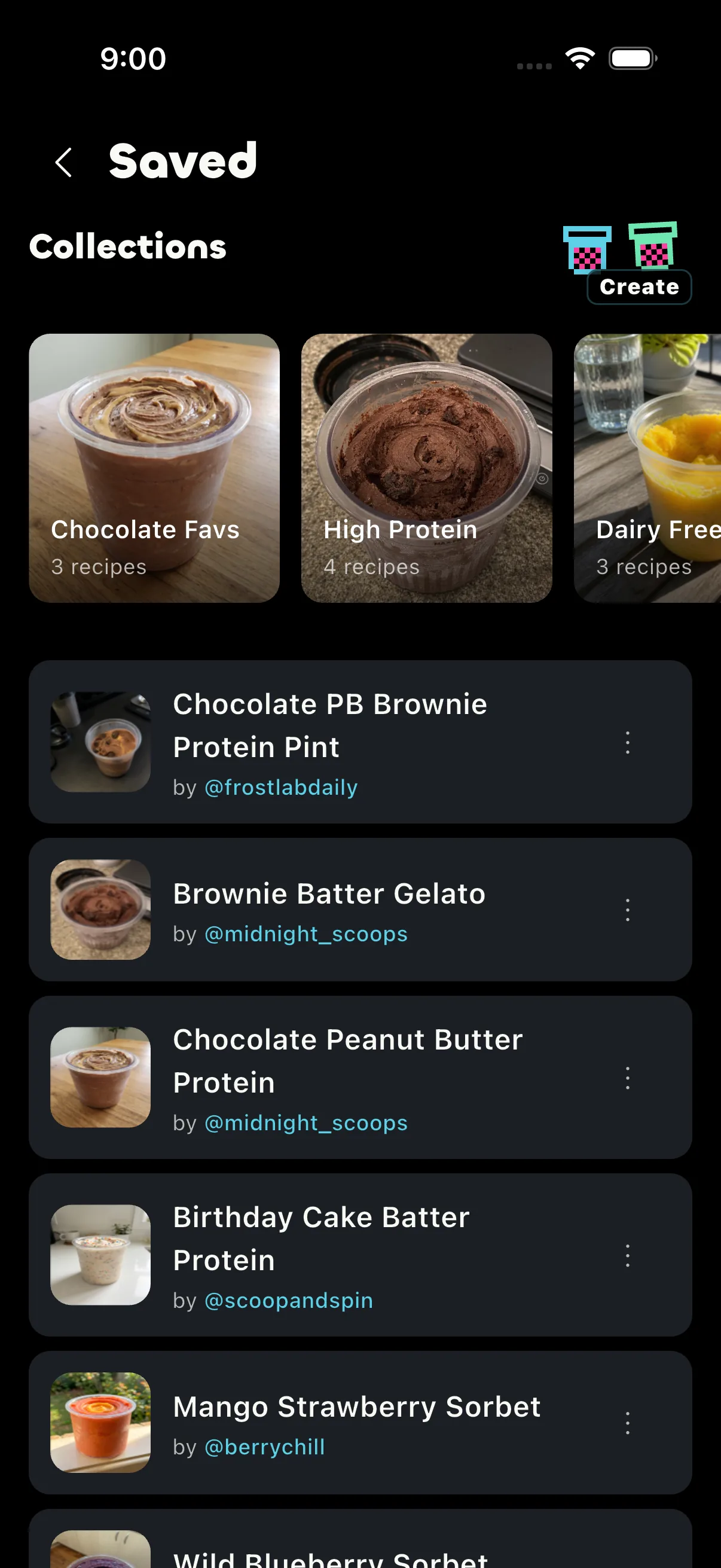 SpinFreeze saved recipes and collections screen