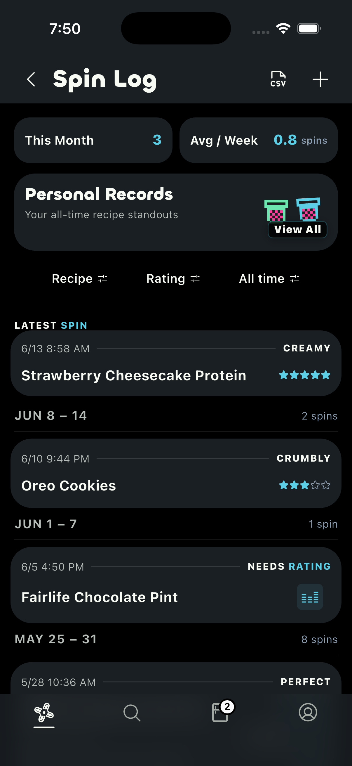 SpinFreeze Spin Log screen for Ninja CREAMi showing monthly stats, personal bests, and recent spins